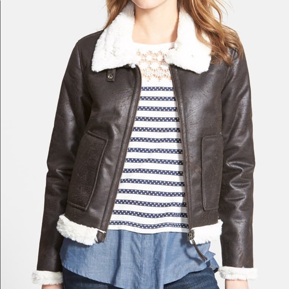 BROWN LEATHER FUR AVIATOR LINED JACKET
